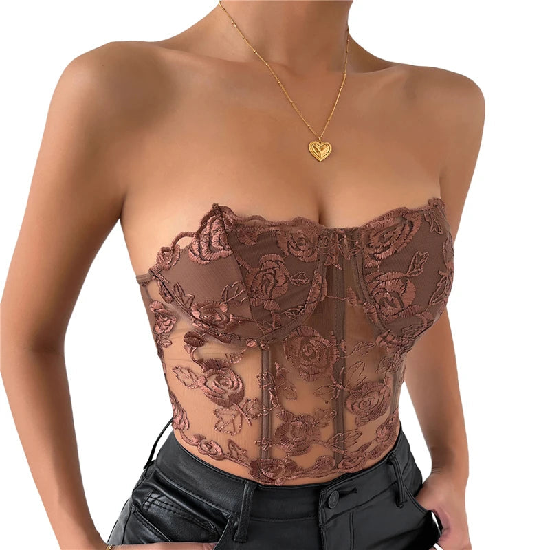 Xingqing Lace Corset Tops Sexy Clothes See Through Flower Strapless Transparent Tank Cropped Tee Party Wear Womens Clothing Buyfinity