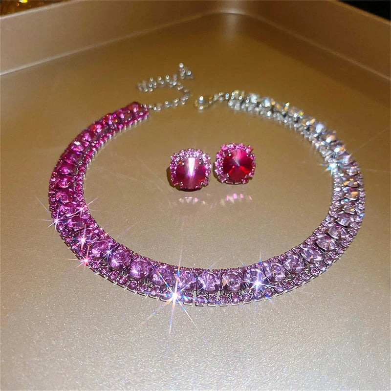 Luxury Crystal Necklace Earrings Set Pink ABcolourful Necklace for Women Weddings Party Jewelry Sets Accessories Buyfinity