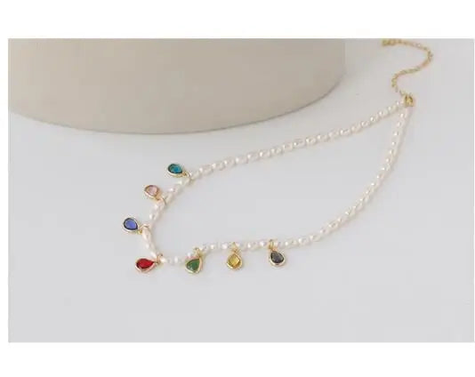 Colorful Zirconia Beads Natural Real Pearl Necklace Women Jewelry Party Designer T Show Runway Gown Japan Korean Buyfinity