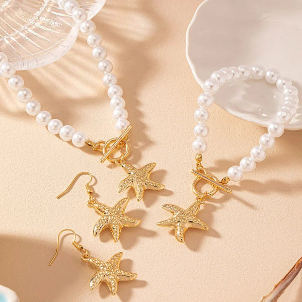 Pearl starfish pendant necklace bracelet earrings elegant and fashionable daily banquet jewelry gift set 2024 Buyfinity