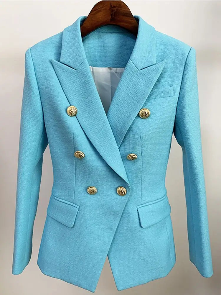 HIGH STREET 2024 Classic Baroque Designer Jacket Women's Metal Lion Buttons Double Breasted Textured Blazer Mint Green Buyfinity