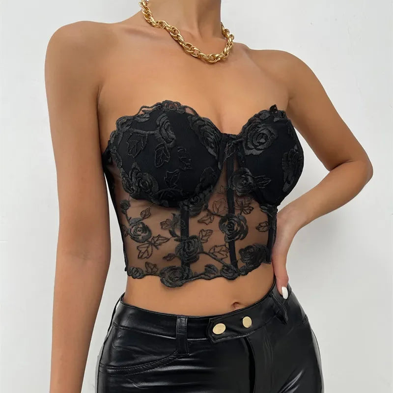 Xingqing Lace Corset Tops Sexy Clothes See Through Flower Strapless Transparent Tank Cropped Tee Party Wear Womens Clothing Buyfinity