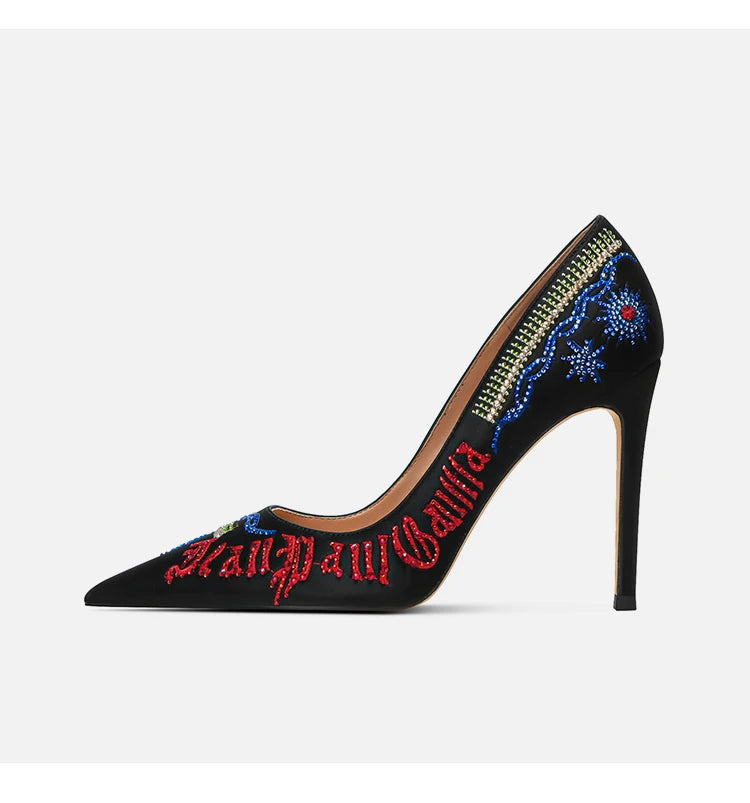 Embroidered high heels, women's new slim heel, niche design, mandarin duck shoes, rhinestone pointed dress, banquet single shoes Buyfinity
