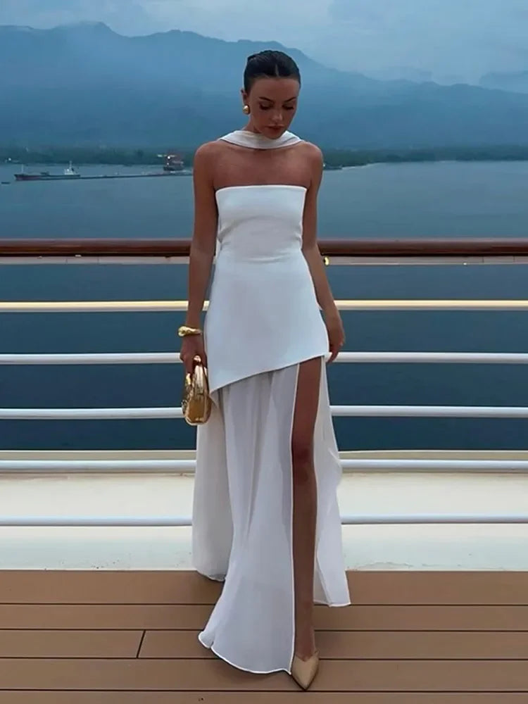 White Mesh Scarf Neck Strapless Long Dress Fashion Off Shoulder Sleeveless High Waist Slim Split Robe Lady Party Beach Gown 2025 Buyfinity