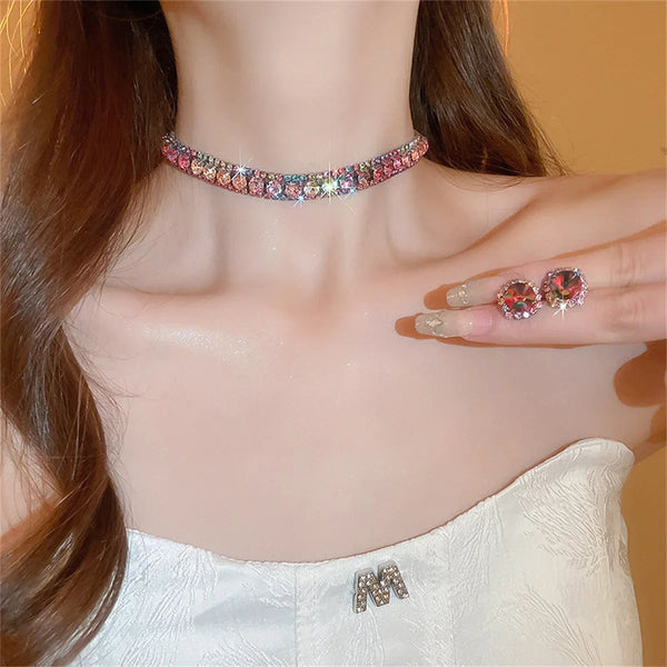 Luxury Crystal Necklace Earrings Set Pink ABcolourful Necklace for Women Weddings Party Jewelry Sets Accessories Buyfinity