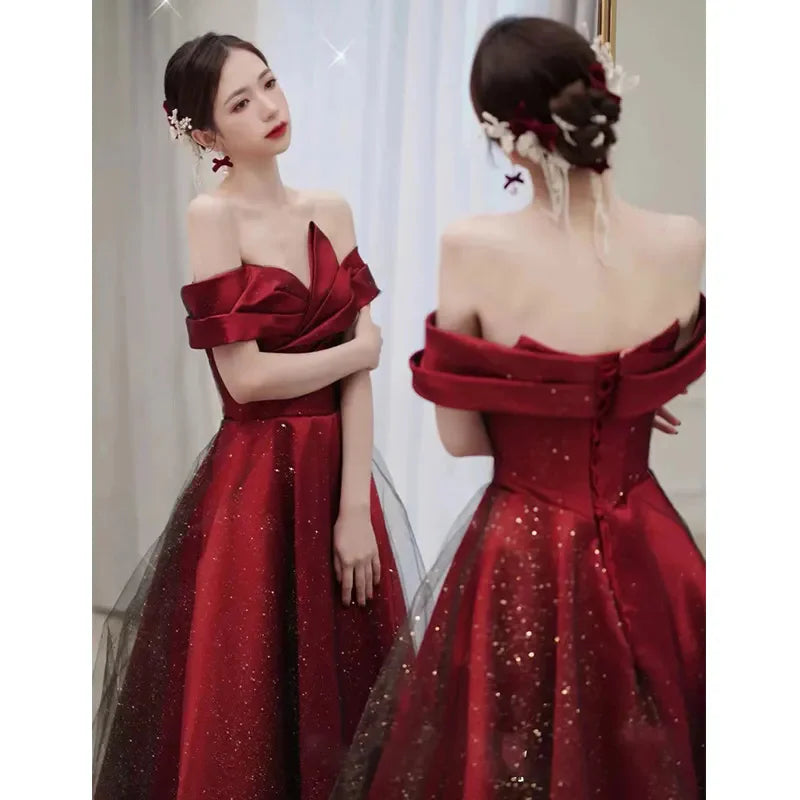 Women Summer Satin Toasting Gown Bride's High-end Feeling, Light Wedding Dress, Red One Shoulder Engagement, Thank-you Banquet Buyfinity