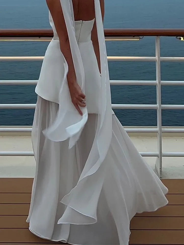 White Mesh Scarf Neck Strapless Long Dress Fashion Off Shoulder Sleeveless High Waist Slim Split Robe Lady Party Beach Gown 2025 Buyfinity