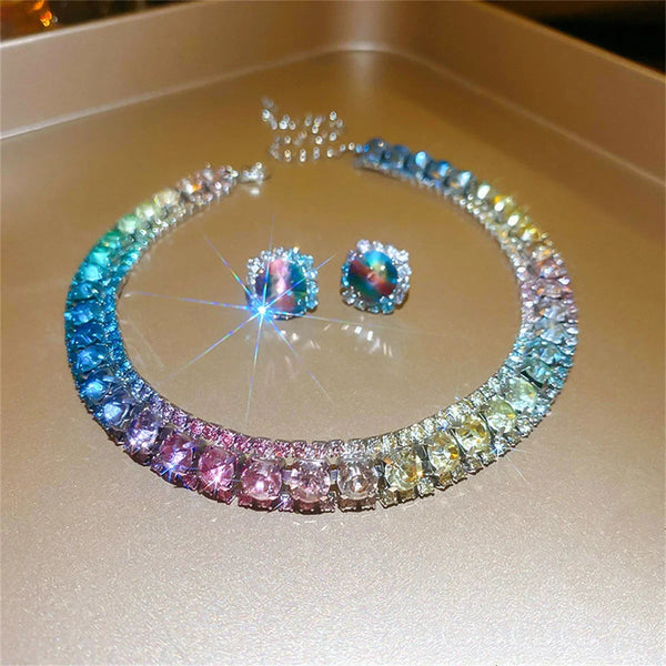 Luxury Crystal Necklace Earrings Set Pink ABcolourful Necklace for Women Weddings Party Jewelry Sets Accessories Buyfinity