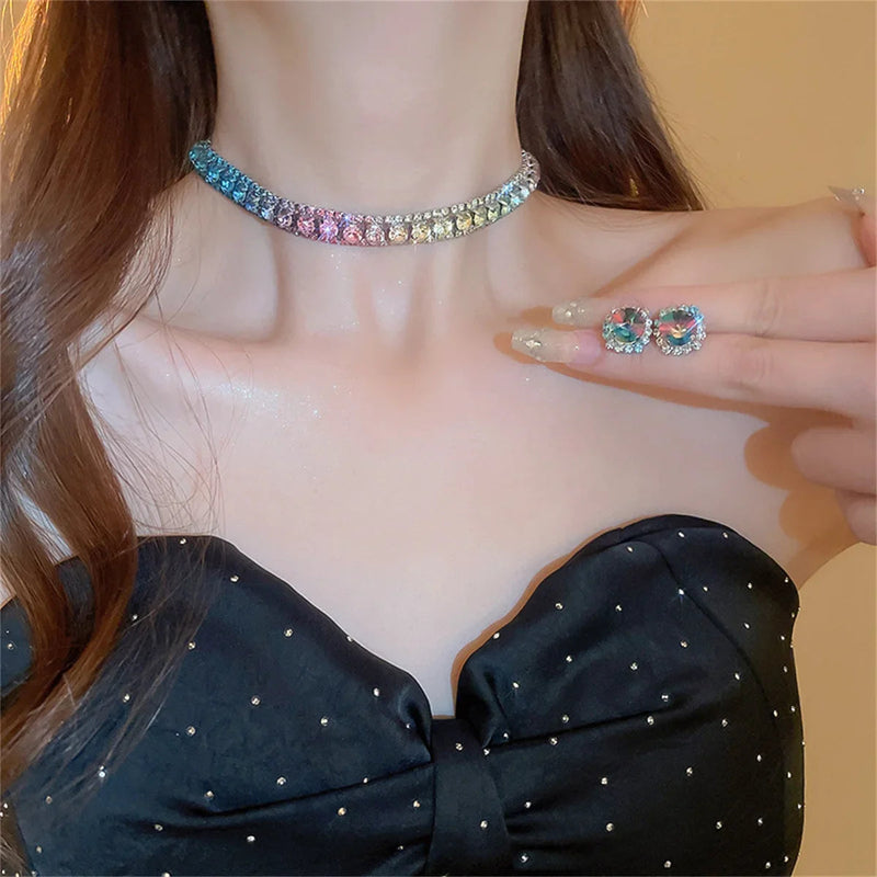 Luxury Crystal Necklace Earrings Set Pink ABcolourful Necklace for Women Weddings Party Jewelry Sets Accessories Buyfinity