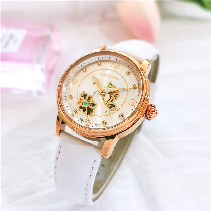 AOKULASIC Lady Luminous Automatic Watch Female Diamond Wristwatch Leather Waterproof Women Mechanical Watches Clock Reloj Mujer Buyfinity