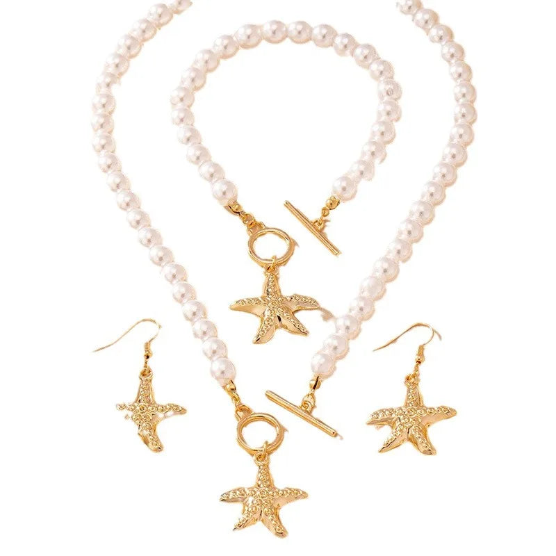 Pearl starfish pendant necklace bracelet earrings elegant and fashionable daily banquet jewelry gift set 2024 Buyfinity
