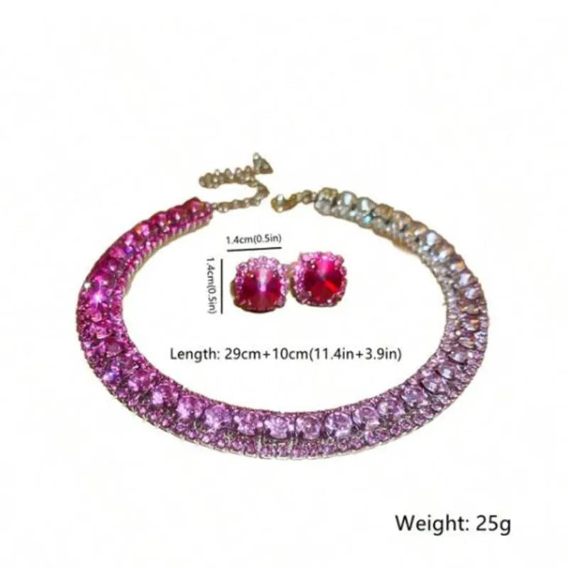 Luxury Crystal Necklace Earrings Set Pink ABcolourful Necklace for Women Weddings Party Jewelry Sets Accessories Buyfinity
