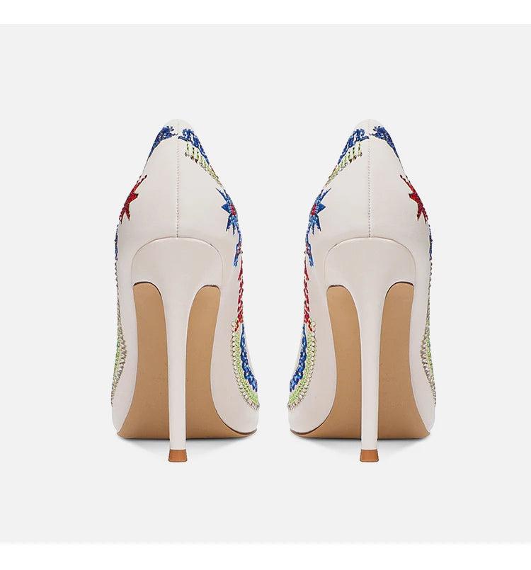 Embroidered high heels, women's new slim heel, niche design, mandarin duck shoes, rhinestone pointed dress, banquet single shoes Buyfinity
