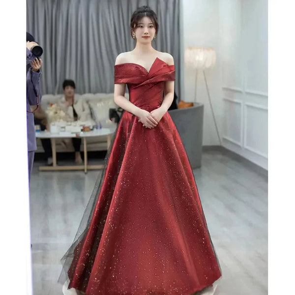 Women Summer Satin Toasting Gown Bride's High-end Feeling, Light Wedding Dress, Red One Shoulder Engagement, Thank-you Banquet Buyfinity
