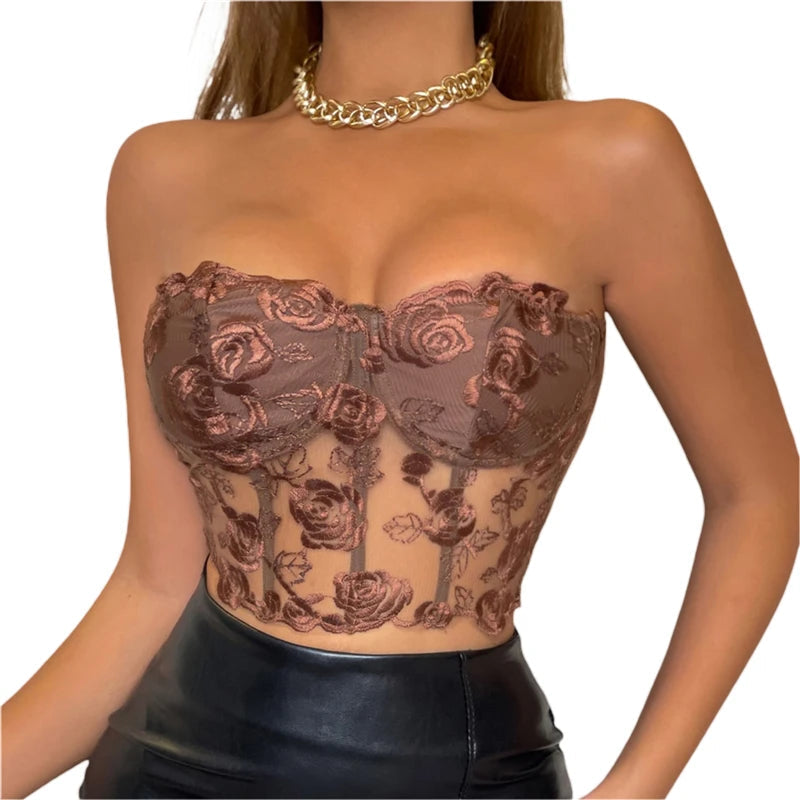 Xingqing Lace Corset Tops Sexy Clothes See Through Flower Strapless Transparent Tank Cropped Tee Party Wear Womens Clothing Buyfinity