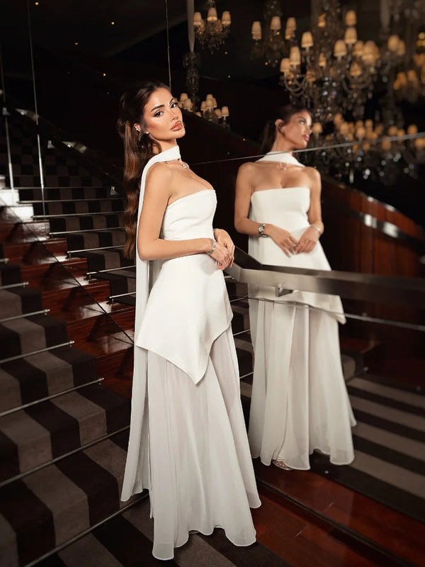 White Mesh Scarf Neck Strapless Long Dress Fashion Off Shoulder Sleeveless High Waist Slim Split Robe Lady Party Beach Gown 2025 Buyfinity