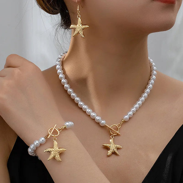 Pearl starfish pendant necklace bracelet earrings elegant and fashionable daily banquet jewelry gift set 2024 Buyfinity
