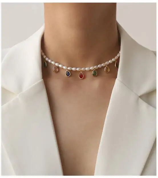 Colorful Zirconia Beads Natural Real Pearl Necklace Women Jewelry Party Designer T Show Runway Gown Japan Korean Buyfinity
