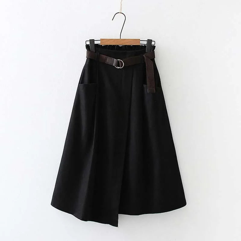 Women Casual Skirts Spring Autumn Solid High Waist Irregular Pockets Midi Skirts Fashion Simple Elegant Saia Faldas Buyfinity