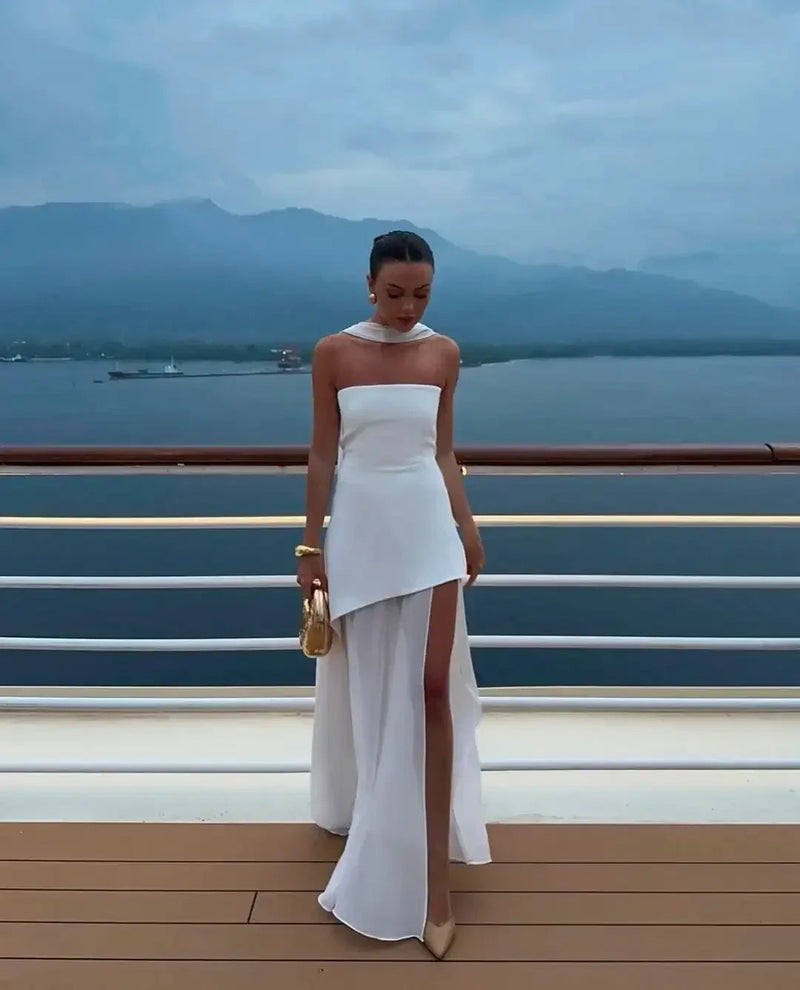 White Mesh Scarf Neck Strapless Long Dress Fashion Off Shoulder Sleeveless High Waist Slim Split Robe Lady Party Beach Gown 2025 Buyfinity