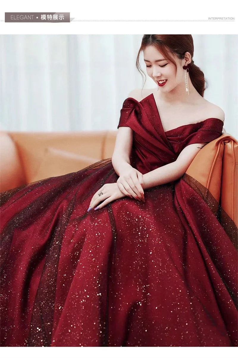 Women Summer Satin Toasting Gown Bride's High-end Feeling, Light Wedding Dress, Red One Shoulder Engagement, Thank-you Banquet Buyfinity