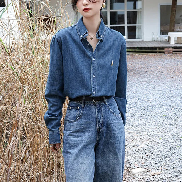 2024 American Style Vintage Denim Shirt Women's Zhengxiu Crystal Same Style Small Horse Embroidery Casual Jacket Shirt Buyfinity