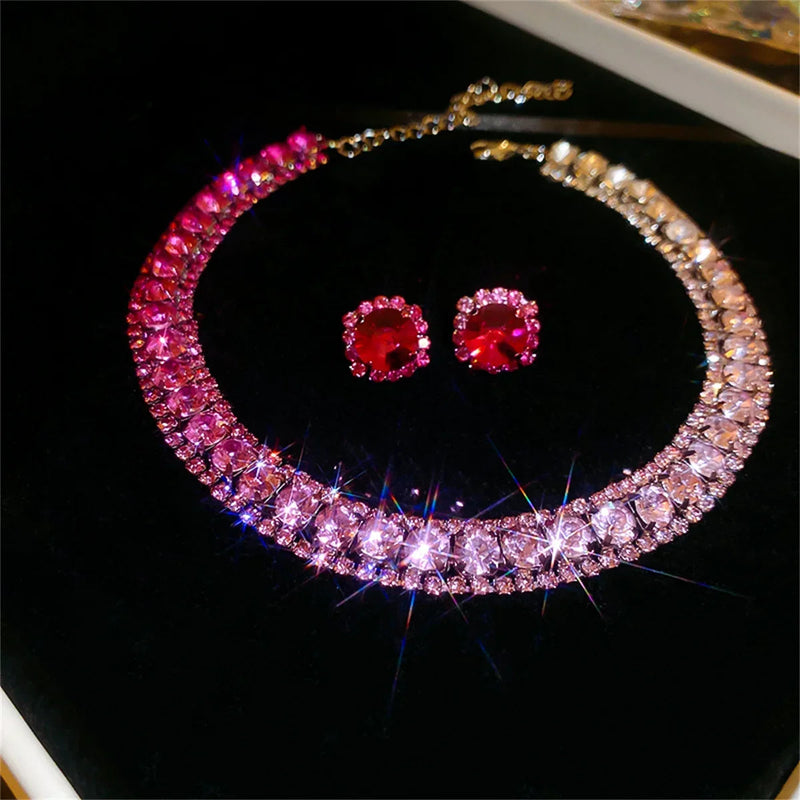 Luxury Crystal Necklace Earrings Set Pink ABcolourful Necklace for Women Weddings Party Jewelry Sets Accessories Buyfinity