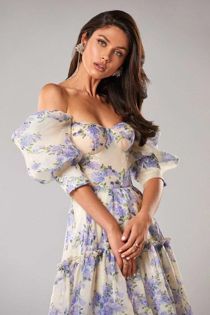 Elegant Floral Print Evening Party Dresses Women Charming A-line Off Shoulder Boat Neck Loose Short Sleeve Prom Gowns Robe Dress Buyfinity
