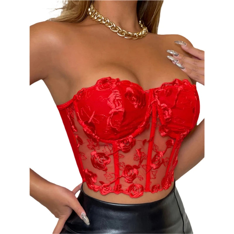 Xingqing Lace Corset Tops Sexy Clothes See Through Flower Strapless Transparent Tank Cropped Tee Party Wear Womens Clothing Buyfinity