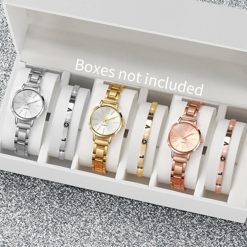 Fashion Women Elagant Watch Casual Simple Steel Strap Quartz Watch Love Bracelet 2PCs Set Temperament Wearing Style Buyfinity