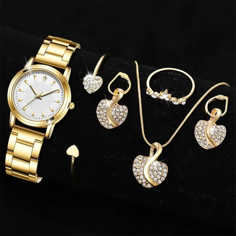 Women's Quartz Watch Gold Luxury Women Ring Necklace Earring Rhinestone Fashion Wristwatch Casual Ladies Watches Jewelry Set ﻿ Buyfinity