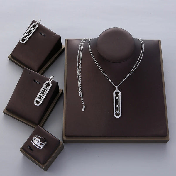 Luxury Geometry Double Long Chain Stackable Pendant Necklace Earring Ring Set  Full Cubic Zircon Charm Women Jewelry Gift EH604 Buyfinity