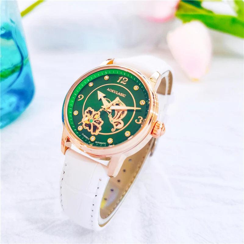 AOKULASIC Lady Luminous Automatic Watch Female Diamond Wristwatch Leather Waterproof Women Mechanical Watches Clock Reloj Mujer Buyfinity
