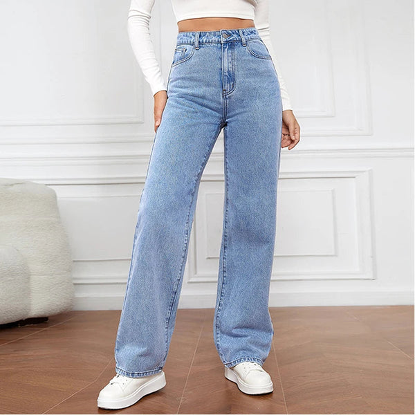 Women Simple Versatile Straight Jeans 2025 New Casual Loose High Waist Washed Denim Street Fashion Button Pocket Long Pants Buyfinity