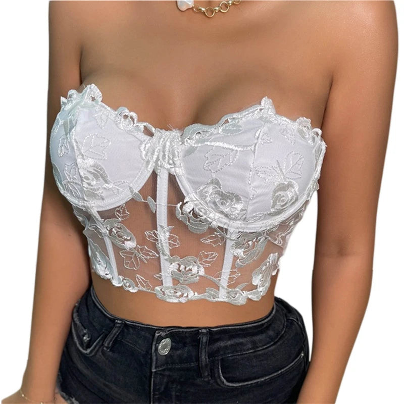 Xingqing Lace Corset Tops Sexy Clothes See Through Flower Strapless Transparent Tank Cropped Tee Party Wear Womens Clothing Buyfinity
