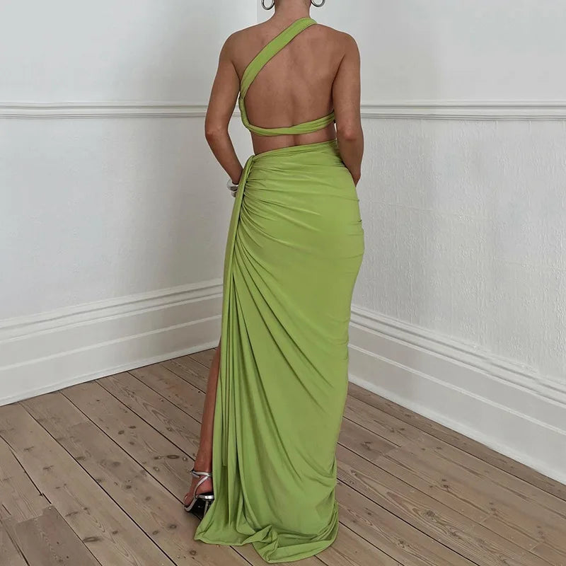 Women Summer 2 Pieces Outfits Solid Color Oblique Shoulder Sleeveless Sexy Tops Wrapped Hip High Waist Slit Long Skirts Sets Buyfinity