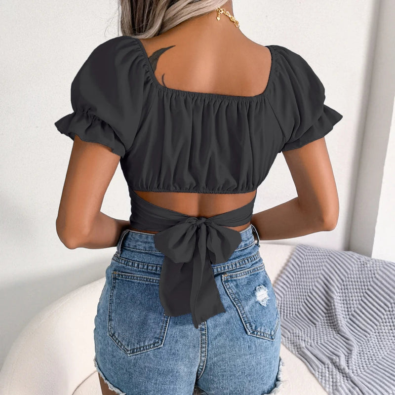 Women Casual Short Sleeve Square Collar Crop Top Summer Chiffon Blouse 2023 Buyfinity