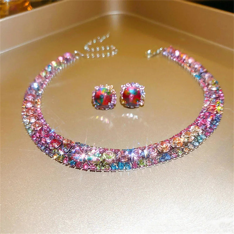 Luxury Crystal Necklace Earrings Set Pink ABcolourful Necklace for Women Weddings Party Jewelry Sets Accessories Buyfinity