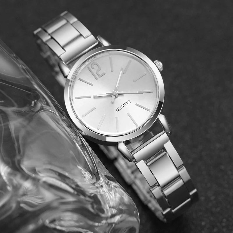 Fashion Women Elagant Watch Casual Simple Steel Strap Quartz Watch Love Bracelet 2PCs Set Temperament Wearing Style Buyfinity