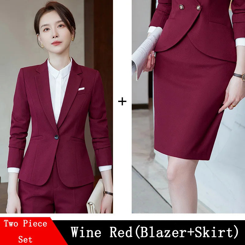 Novelty Wine Red Formal Women Business Suits with Skirt and Jackets Coat Ladies Office Professional Blazers Spring OL Styles Buyfinity
