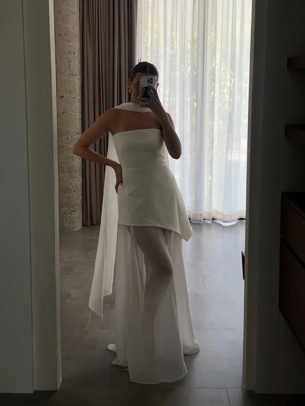 White Mesh Scarf Neck Strapless Long Dress Fashion Off Shoulder Sleeveless High Waist Slim Split Robe Lady Party Beach Gown 2025 Buyfinity