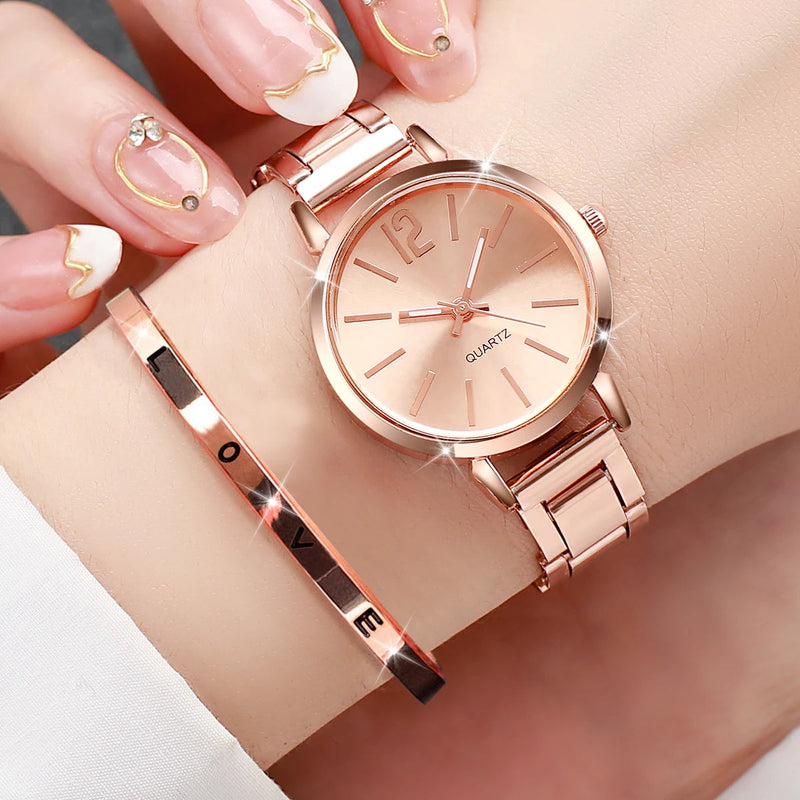 Fashion Women Elagant Watch Casual Simple Steel Strap Quartz Watch Love Bracelet 2PCs Set Temperament Wearing Style Buyfinity