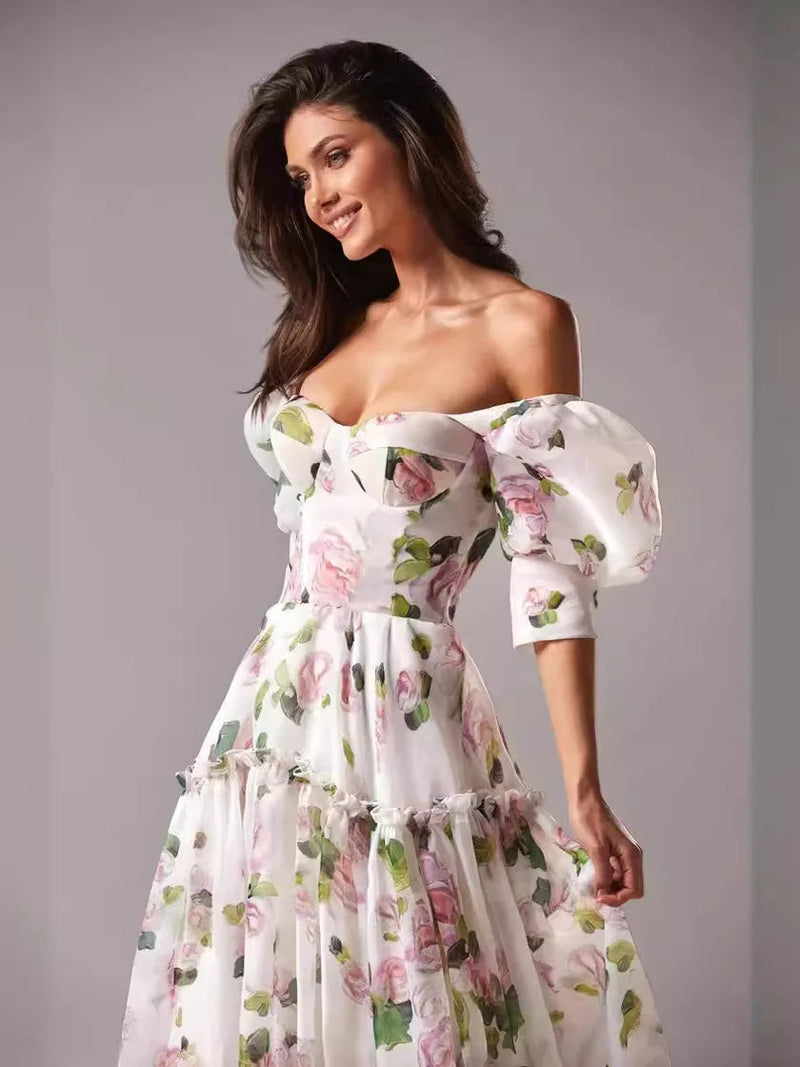 Elegant Floral Print Evening Party Dresses Women Charming A-line Off Shoulder Boat Neck Loose Short Sleeve Prom Gowns Robe Dress Buyfinity