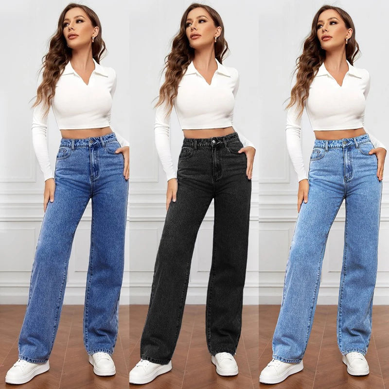 Women Simple Versatile Straight Jeans 2025 New Casual Loose High Waist Washed Denim Street Fashion Button Pocket Long Pants Buyfinity