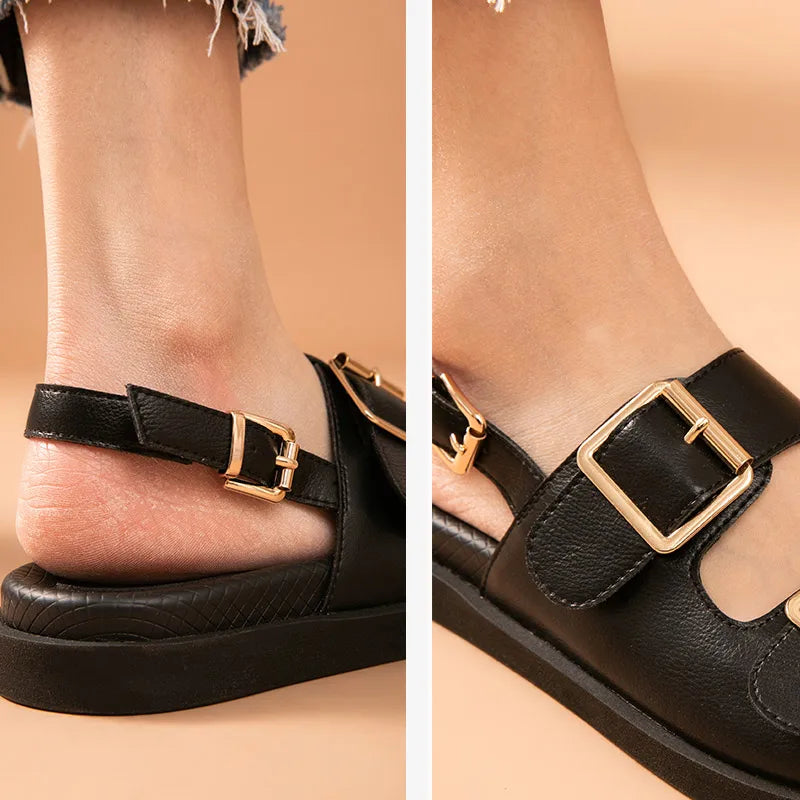 BeauToday Casual Sandals Women Genuine Leather Metal Ankle Buckle Strap Summer Beach Ladies Low Heel Sport Shoes Handmade 38128 Buyfinity