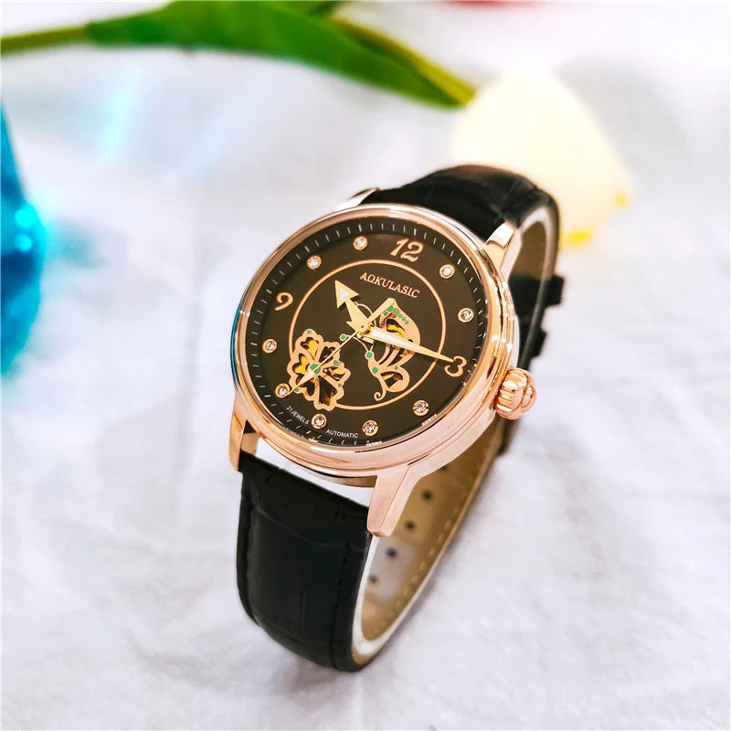 AOKULASIC Lady Luminous Automatic Watch Female Diamond Wristwatch Leather Waterproof Women Mechanical Watches Clock Reloj Mujer Buyfinity