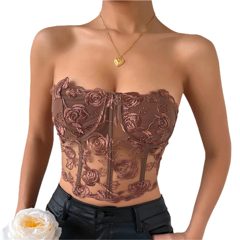 Xingqing Lace Corset Tops Sexy Clothes See Through Flower Strapless Transparent Tank Cropped Tee Party Wear Womens Clothing Buyfinity