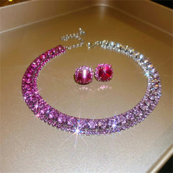 Luxury Crystal Necklace Earrings Set Pink ABcolourful Necklace for Women Weddings Party Jewelry Sets Accessories Buyfinity