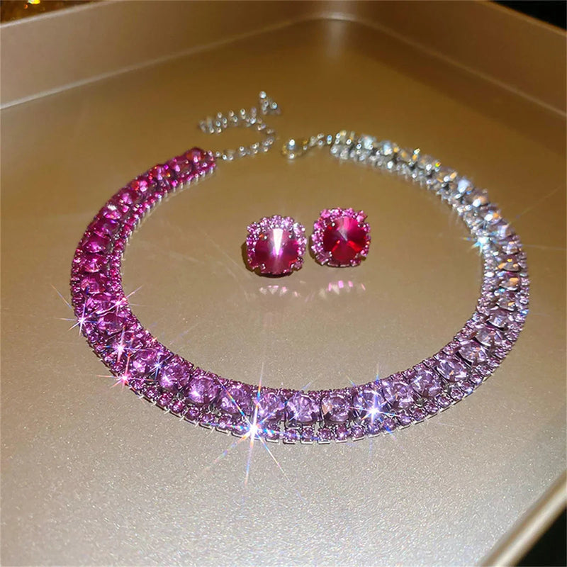 Luxury Crystal Necklace Earrings Set Pink ABcolourful Necklace for Women Weddings Party Jewelry Sets Accessories Buyfinity