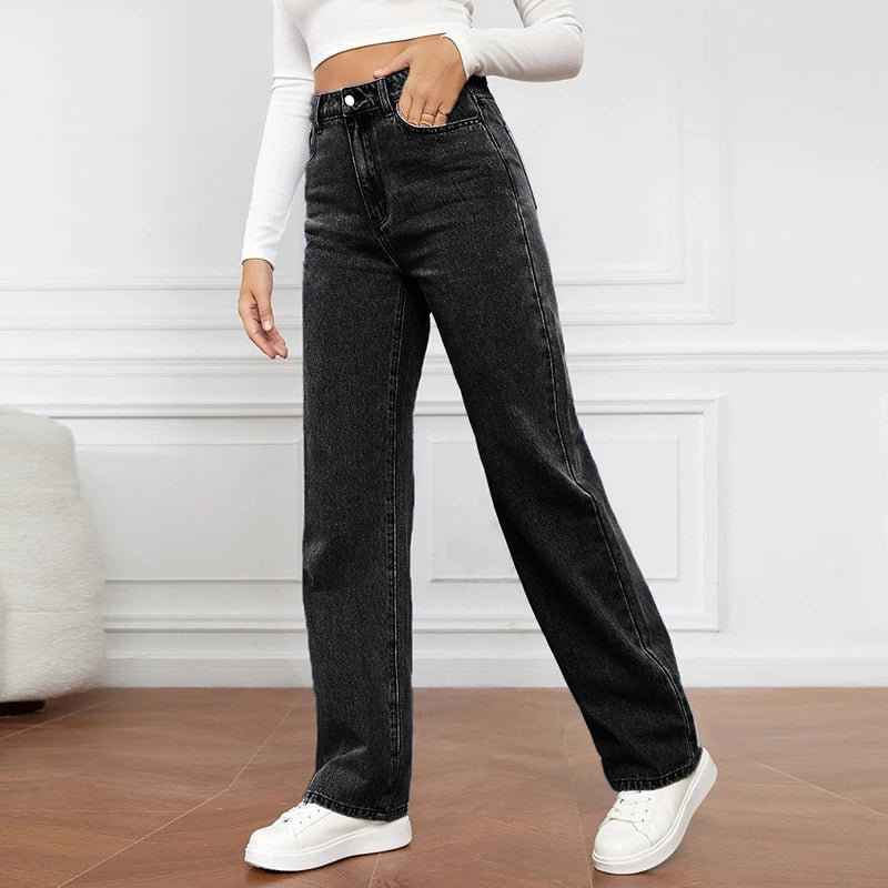 Women Simple Versatile Straight Jeans 2025 New Casual Loose High Waist Washed Denim Street Fashion Button Pocket Long Pants Buyfinity